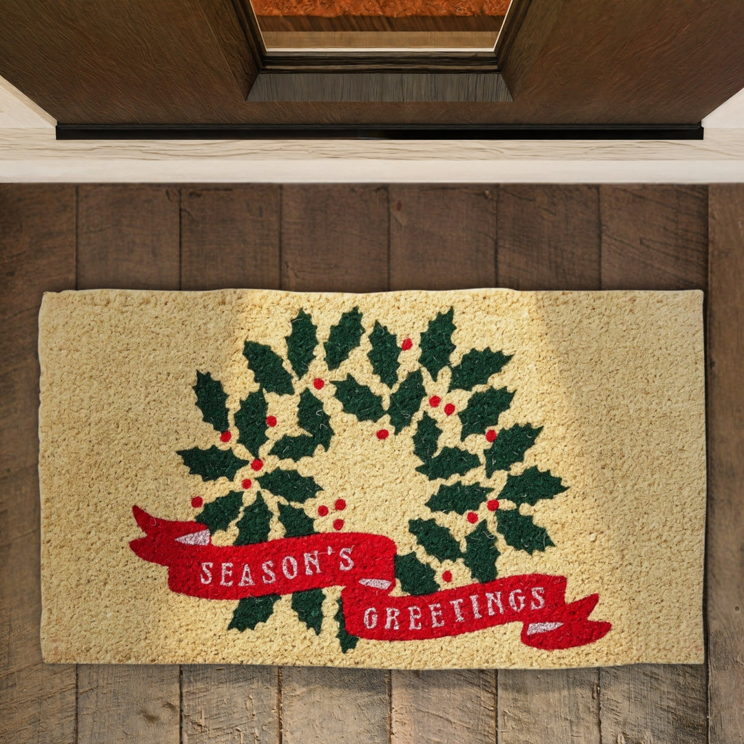 Season's Greeting Wreath Coir Mat