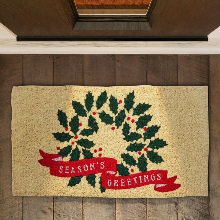 Season's Greeting Wreath Coir Mat