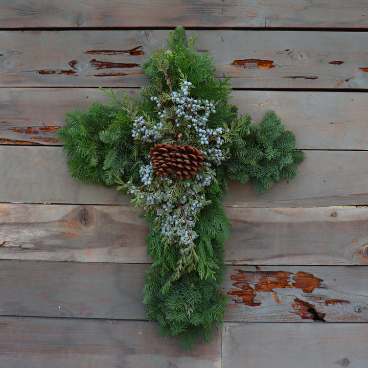 Cross Wreath Evergreen Mix 16"