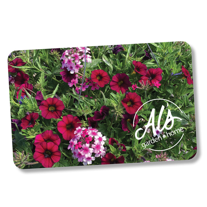 Al's Garden and Home Gift Card with a hanging basket background