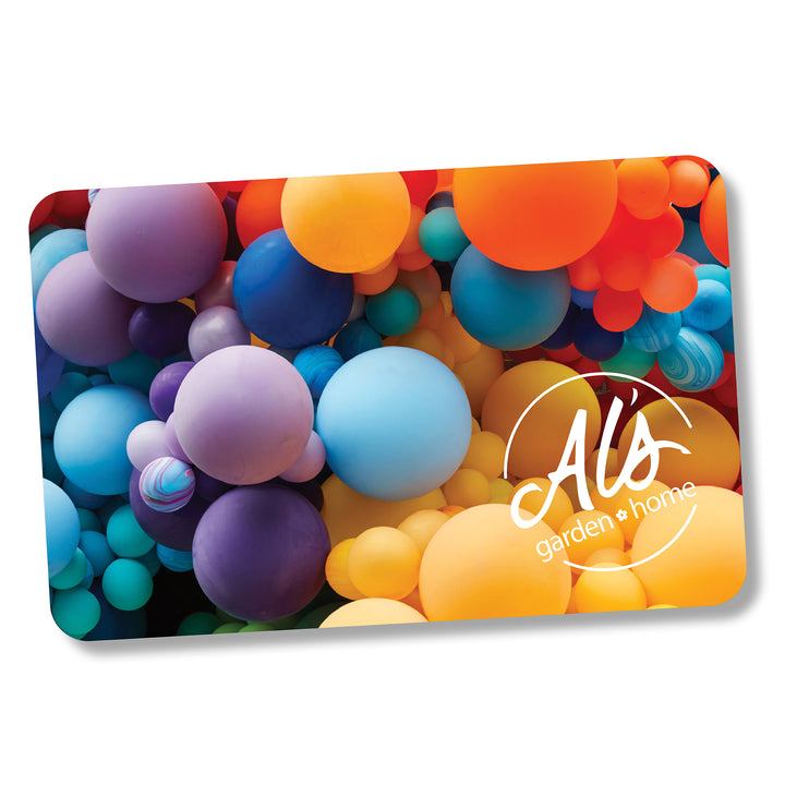 Al's Garden and Home Gift Card with a balloon background