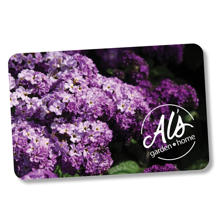 Al's Garden and Home Gift Card with a heliotrope background